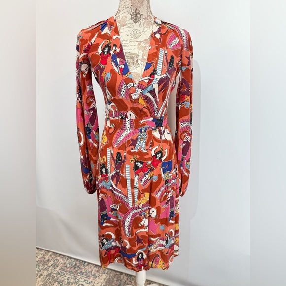 CLEMENTS RIBEIRO Vibrant Orange Red Sheath Dress with Bishop Sleeves size XS - Picture 12 of 13